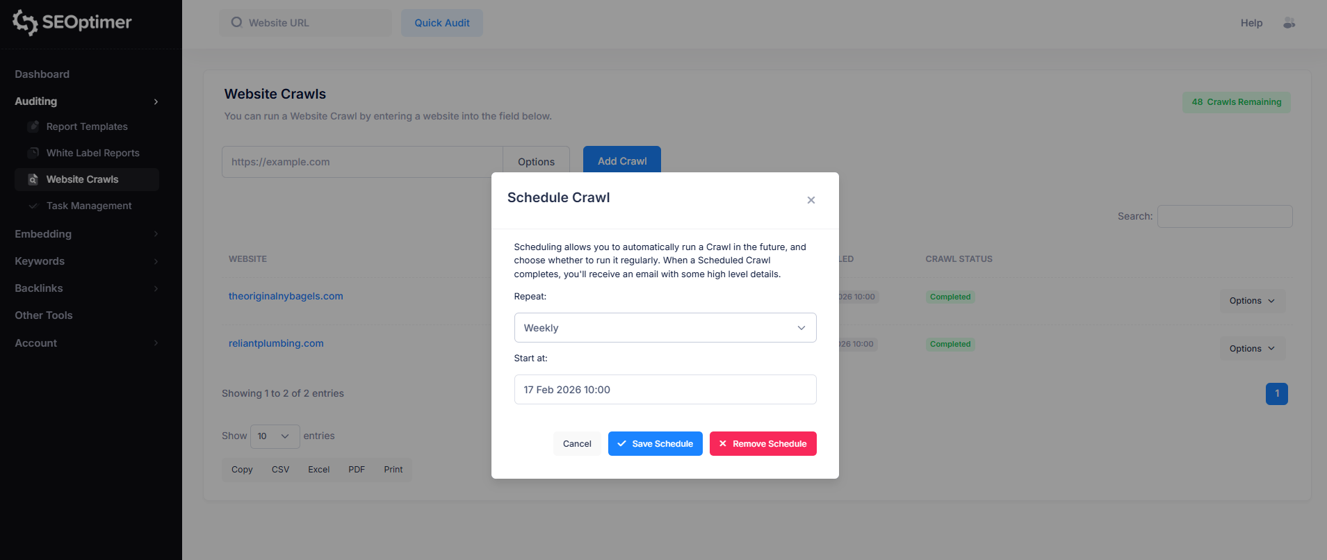 How to schedule crawl in SEOptimer